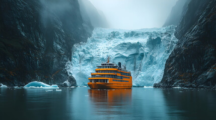 Orange boat cruises glacial waters surrounded by tall cliffs on an overcast day
