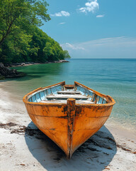 Orange boat on beach with crystal clear water, treeline, and blue sky