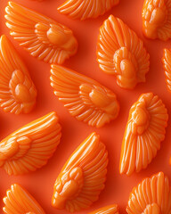 Orange candy wings on orange background Close-up, textured
