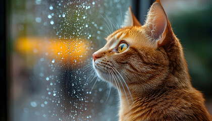 Orange cat looks through the rain covered window, with wide eyes
