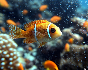 Orange clownfish swimming through coral reef
