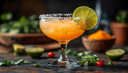 Orange cocktail with lime and salt rim