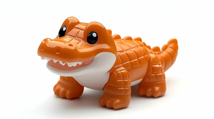 Orange, cute alligator toy with big eyes and white belly on a white background