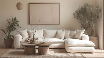 Minimalist Living Room with Beige Sofa, White Walls, Wooden Coffee Table and Side Tables, Beige Carpet, Large Window with Light Curtains, Decorative Painting, High-Resolution Photography