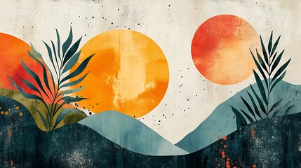 digital abstract landscape artwork featuring a harmonious blend of geometric shapes and organic forms includes a large, bold red circle resembling a sun set against a textured, off-white background