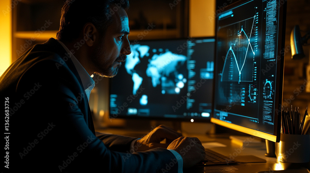 Poster man in suit working late at night in front of multiple computer screens with data and world maps