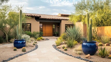 Beautiful Phoenix front landscaping, featuring a warm-toned gate entrance, desert plants, and striking tall blue ceramic pots.