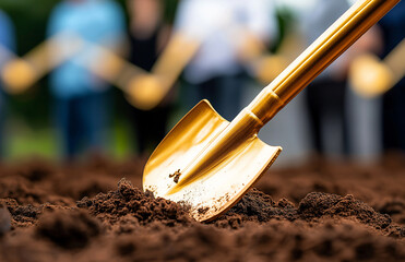 close up of golden shovel digging into rich, dark soil, symbolizing new beginnings and growth. blurred background features people holding shovels, enhancing sense of teamwork and collaboration