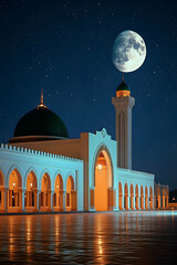 Mosque shines under night moon with lit arches against dark starry sky