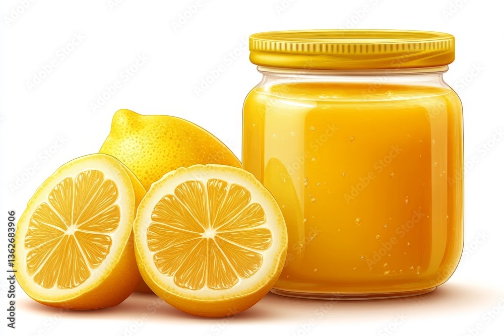 Poster fresh lemons and jar of homemade lemon jam on white background ready for use in recipes or as a spre