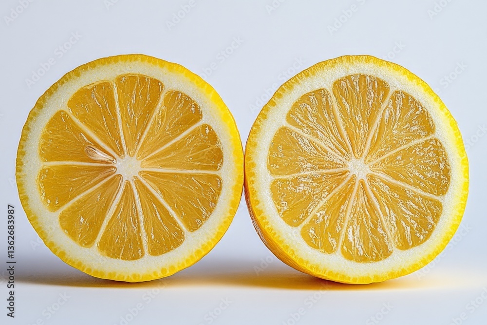 Poster Freshly sliced lemons arranged side by side on a clean white background capturing their vibrant color and texture