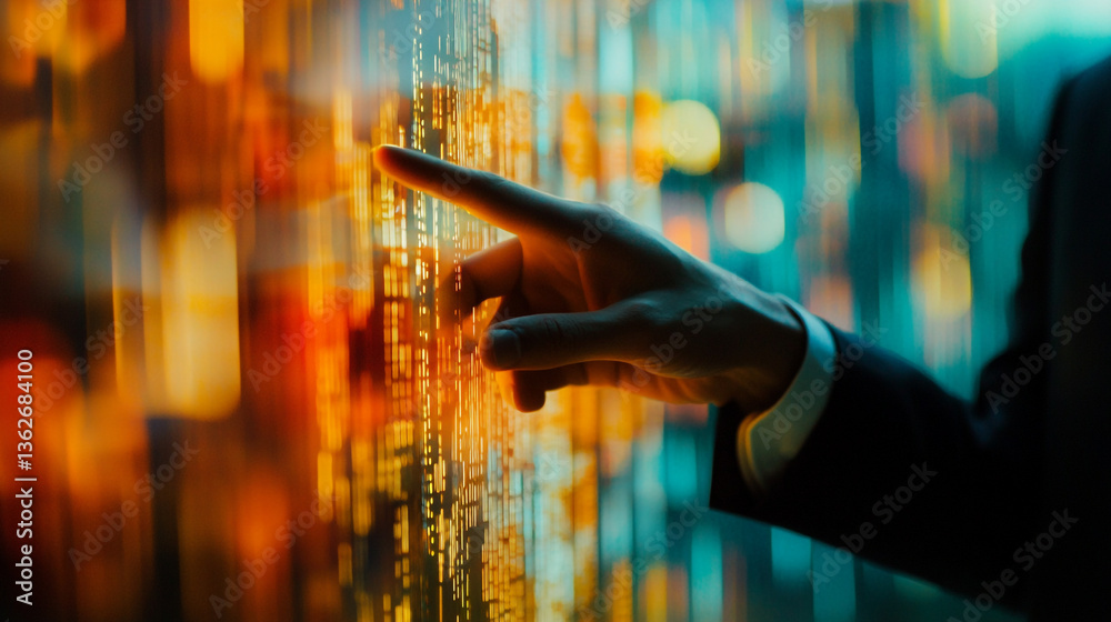 Poster a hand touching a screen with abstract glowing lines and colorful bokeh in the background setting th