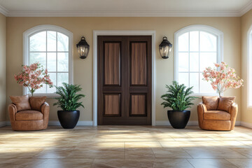 Fototapeta premium Cozy entryway with stylish armchairs and vibrant greenery