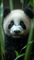 Fototapeta premium Panda portrait Black and white furred mammal framed by green bamboo stalks
