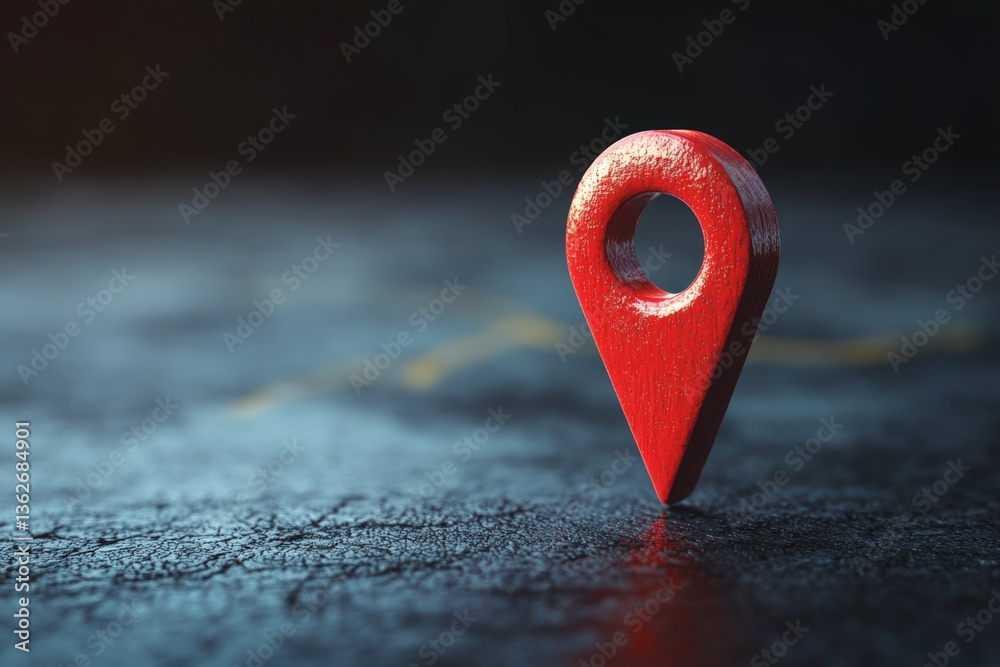 Poster Red location marker on textured surface representing navigation and digital mapping technology