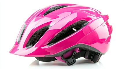 Bright pink kids' helmet, made for safe riding on bicycles, roller skates, and skateboards, featuring a strong clasp, isolated on white.