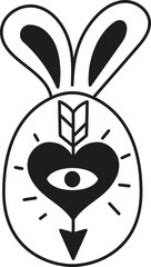 doodle boho groovy easter Bunny illustration with heart and eye details.