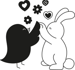 doodle boho groovy easter Cute bird and rabbit interacting with hearts and flowers above them.