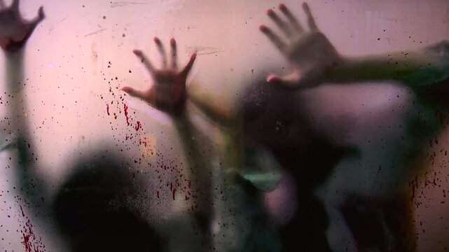 Desperate zombies pressing against blood splattered glass wall, creating haunting silhouettes in dark, claustrophobic quarantine scene. concept of zombies Apocalypse In city behind glass
