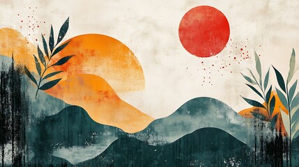 digital abstract landscape artwork featuring a harmonious blend of geometric shapes and organic forms includes a large, bold red circle resembling a sun set against a textured, off-white background