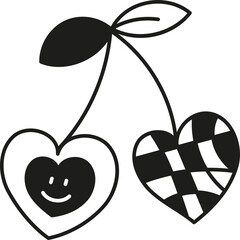 Fototapeta premium doodle boho groovy easter Two playful heart-shaped cherries with smiling face and patterned design.