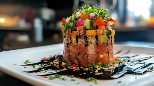 fancy tuna tartare tower serve on white plate look fresh and tasty