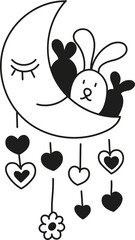 doodle boho groovy easter Cute bunny in crescent moon with hanging hearts and flower.