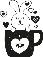 doodle boho groovy easter Cute bunny peeking out of a heart-themed mug surrounded by hearts.