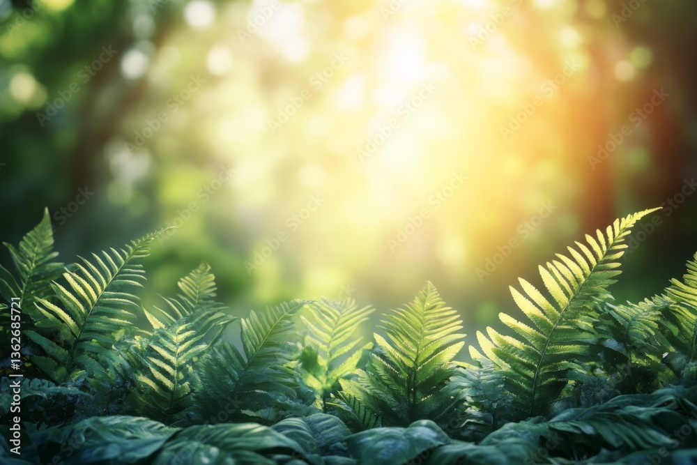 Poster Sunlight filters through lush ferns in a serene forest setting during the early morning hours