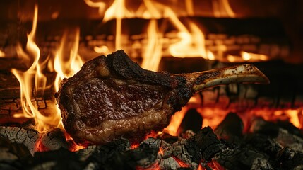 Charcoal glowing under a thick raw Tomahawk steak, flames dancing as heat sears the surface.