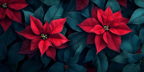Close-up of red poinsettia blossoms surrounded by dark-green leaves, creating a rich, festive image, showcasing holiday cheer and natural beauty, perfect for seasonal designs