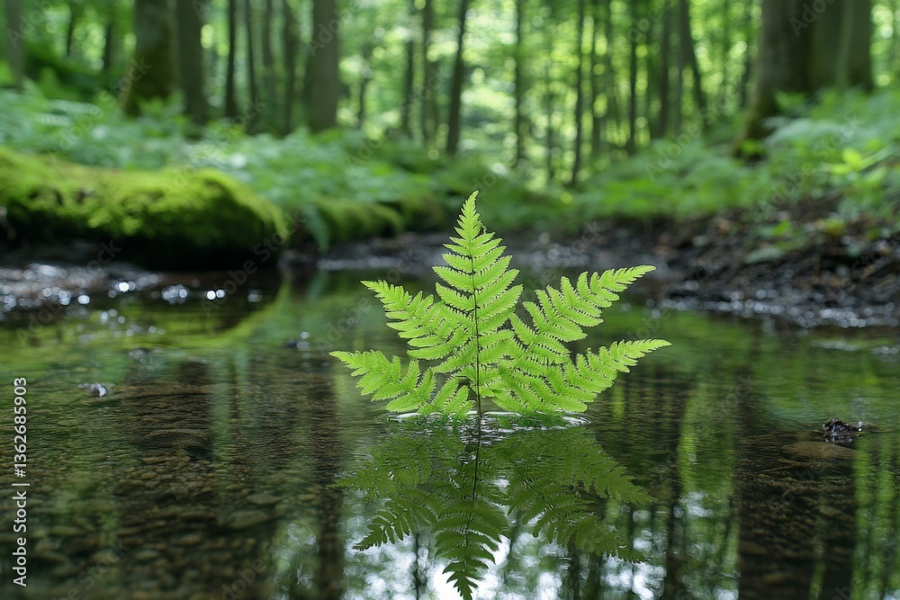 Aufkleber bright green fern reflecting in calm water of forest stream during midday surrounded by lush greener