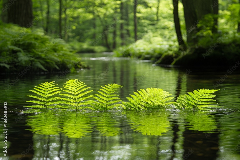 Poster lush green ferns reflect in a tranquil forest stream during a peaceful summer afternoon