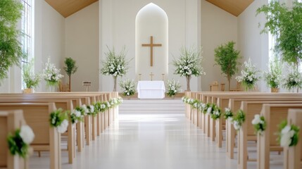 Spacious church sanctuary with white decor