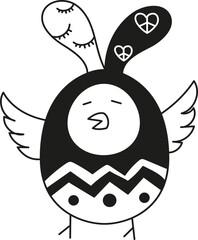 doodle boho groovy easter Cute cartoon bird with decorative wings and a joyful expression.