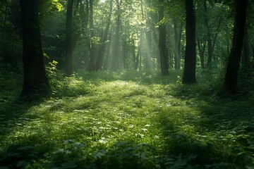 Fototapeta premium Sunlight filtering through trees illuminates a lush green forest pathway in early morning light