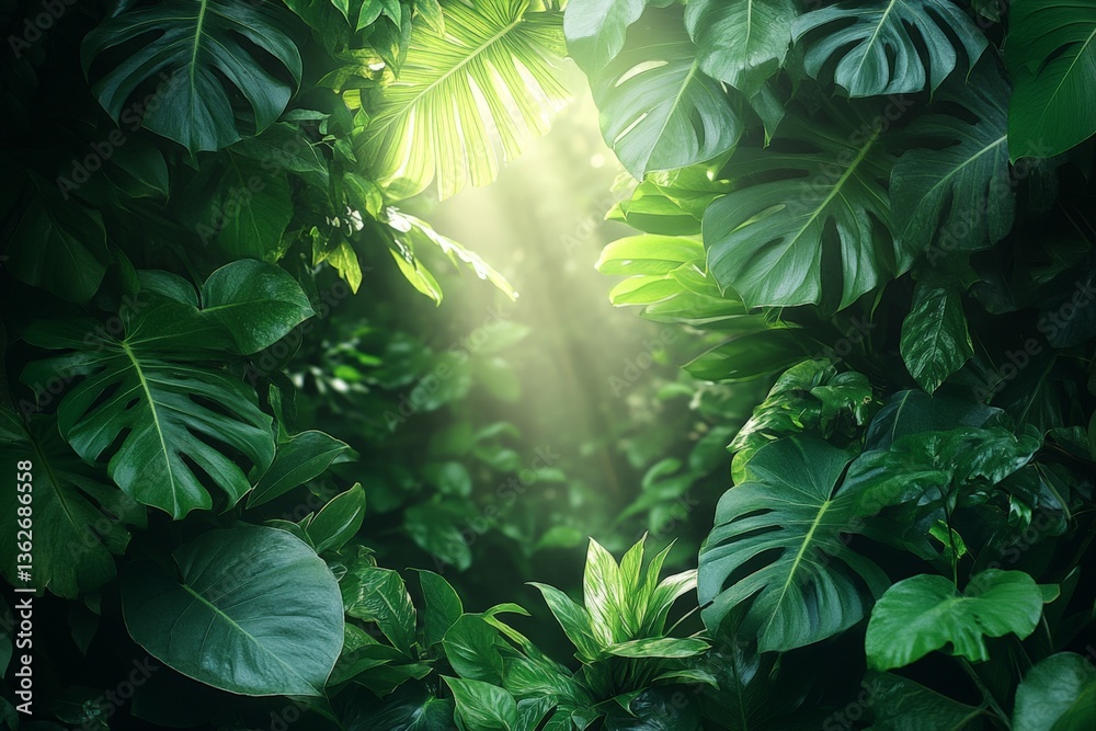 Poster sunlight filtering through lush green leaves in a tropical forest providing a serene and calming atm