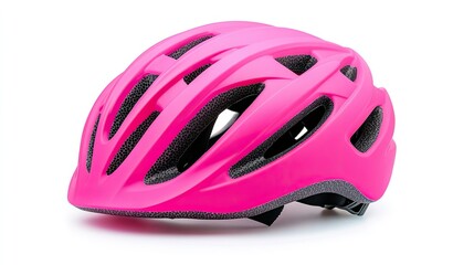 Fototapeta premium Children's pink protective helmet, suitable for cycling, scootering, or rollerblading, with a reinforced safety clasp, isolated on white.