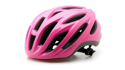 Fototapeta premium Child's pink safety helmet, designed for riding scooters, bikes, roller skates, and electric bicycles, with an adjustable clasp, isolated on white.