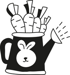 doodle boho groovy easter Watering can with carrots and bunny design, playful gardening theme.