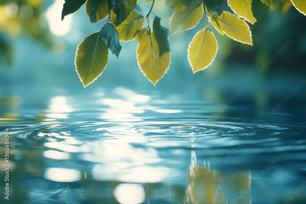 Aufkleber leaves reflect soft light above gentle ripples in clear water during a tranquil afternoon in a seren