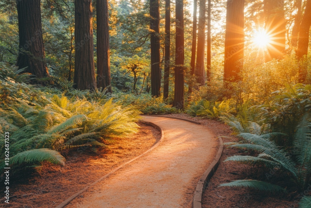 Aufkleber Sunlight filters through trees along a winding path in a lush forest during golden hour