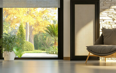 Fototapeta premium Bright autumn sunlight streaming through modern living room window with cozy seating arrangement