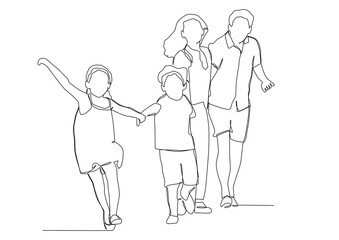 continuous one line drawing of happy family running.