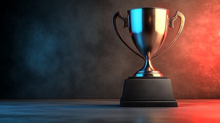 A shiny trophy on a dark surface with red and blue lighting