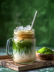 Layered iced matcha coffee latte in a mason jar