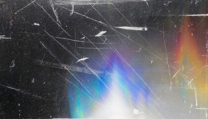 scratched vintage glass texture with iridescent rainbow light refraction, abstract grunge overlay for digital art and design

