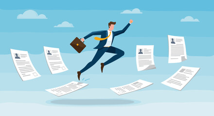 Obraz premium Businessman leaps over resumes in a dynamic career move.