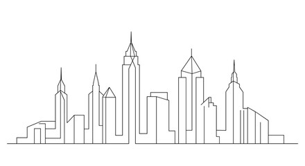Fototapeta premium Minimalist line art cityscape. Black and white city skyline illustration. White background 