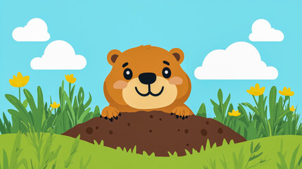 A cheerful and cute groundhog peeking out from its burrow, embodying the joyful spirit of Groundhog Day
